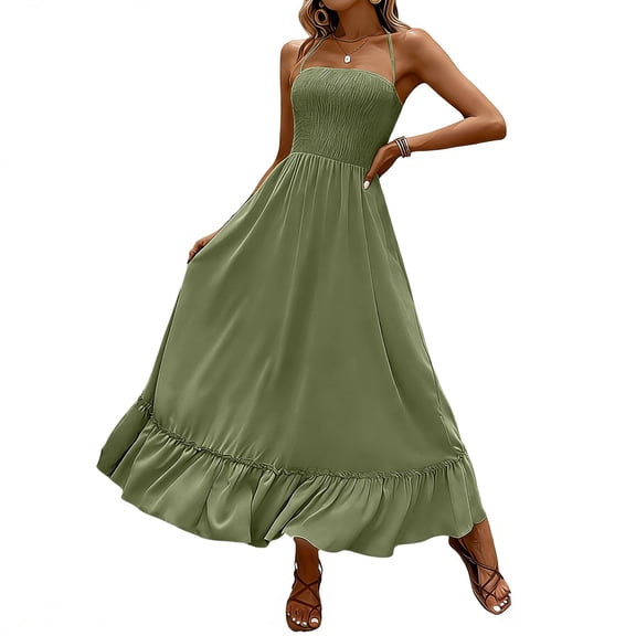 Npasoilc Summer Backless Hanging Neck Dresses for Women Sleeveless Solid Color A-Line Long Dress