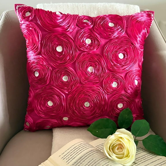 Throw Pillow Cover, Fuchsia Pink European Shams 26x26 inch (65x65 cm), Silk Euro Pillow Shams, Nature & Floral, Ribbon Embroidery, Modern European Sham Pillow Covers - Fuchsia Power