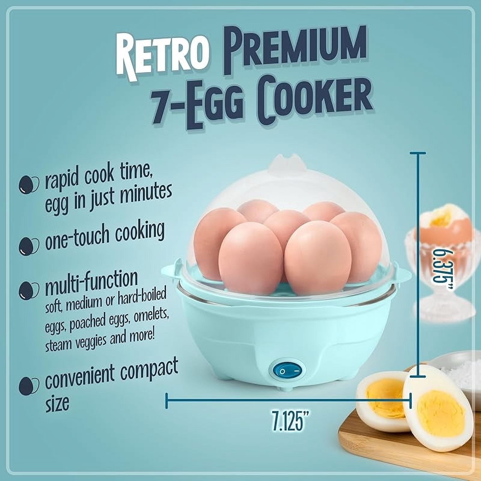 Retro Electric Large Hard-Boiled Egg Cooker, 7 Capacity, Poached, Scrambled, Omelets, Whites, Sandwiches, for Keto & Low-Carb Diets, Aqua