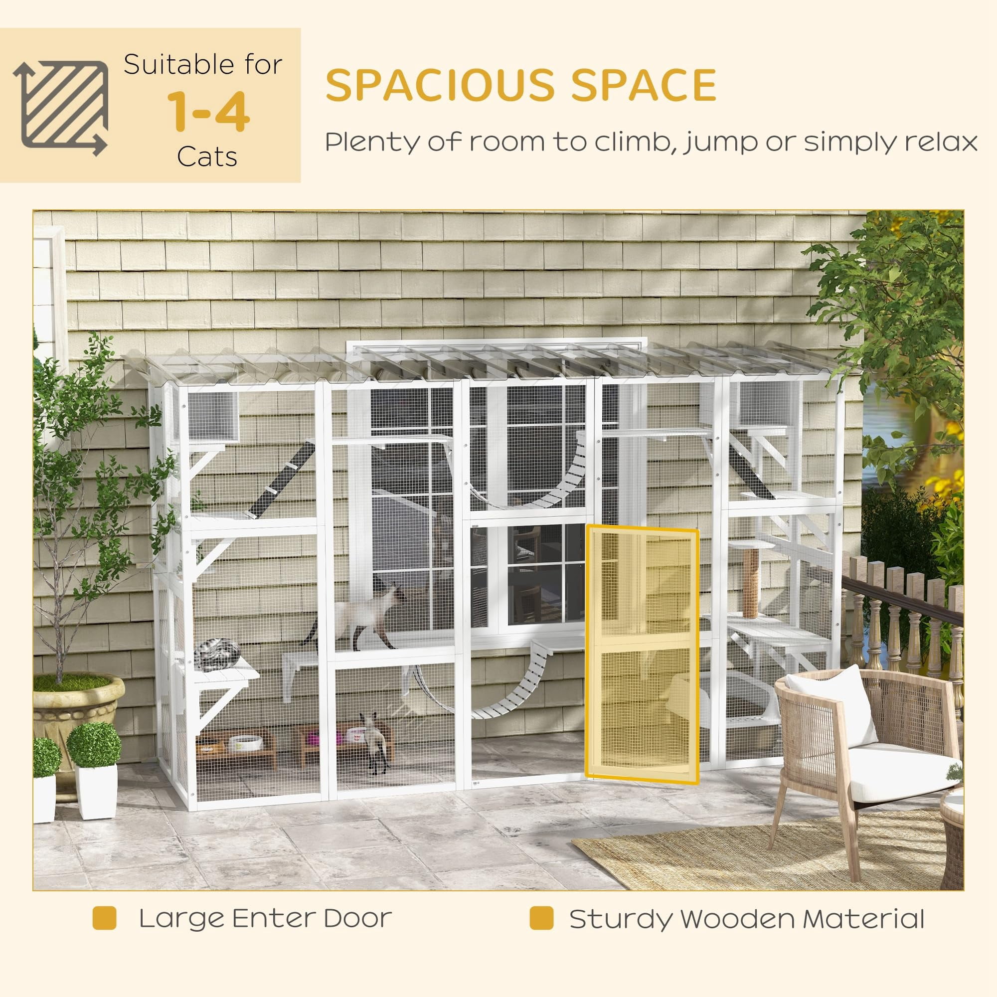 Wooden Catio Enclosure for Outdoor Cats with Shelves Bridges and Weatherproof Roof, Spacious Play Area for Multiple Kitties, White