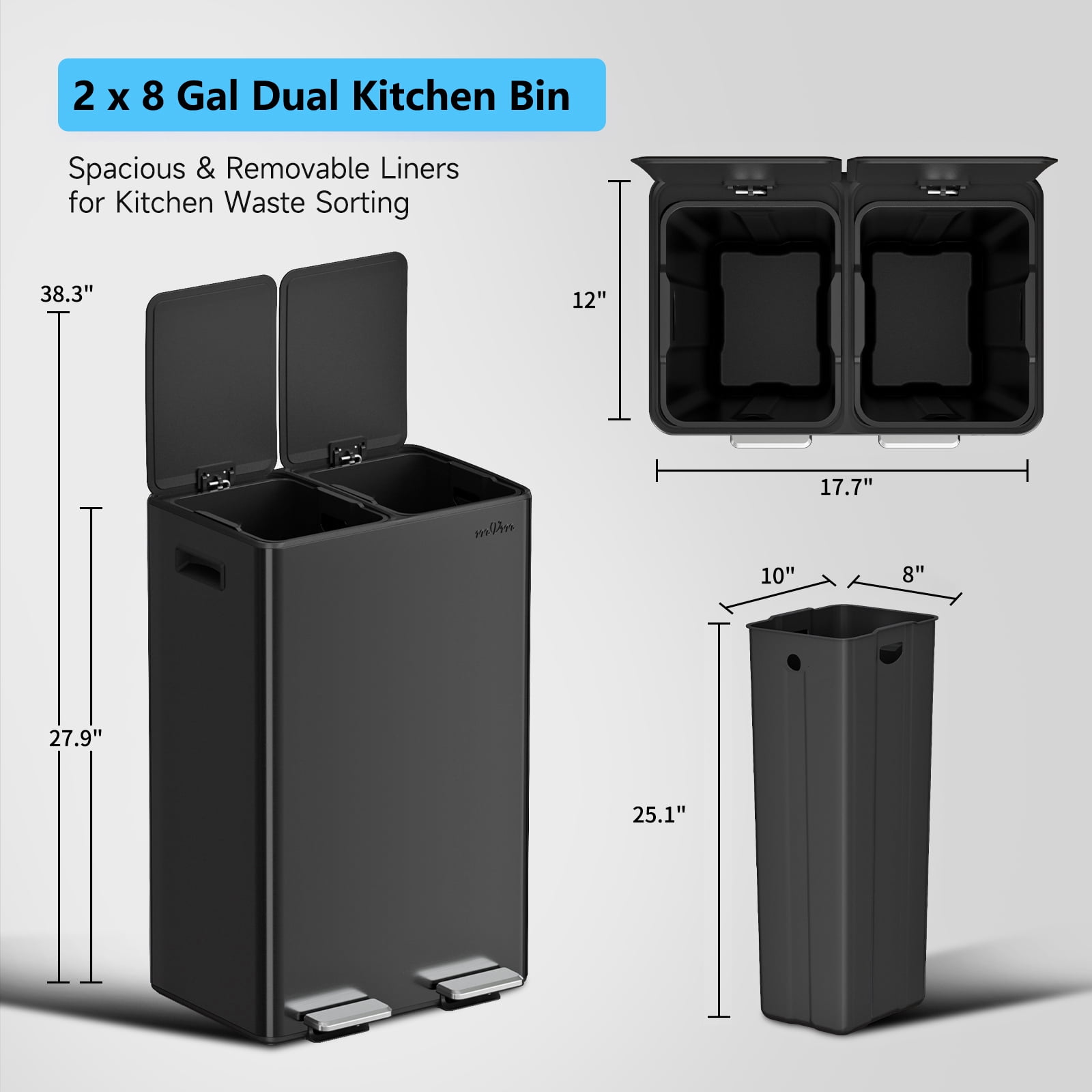 mVm 16 Gal Dual Trash Can, Recycling Garbage Bin for Kitchen Home Office (Black)