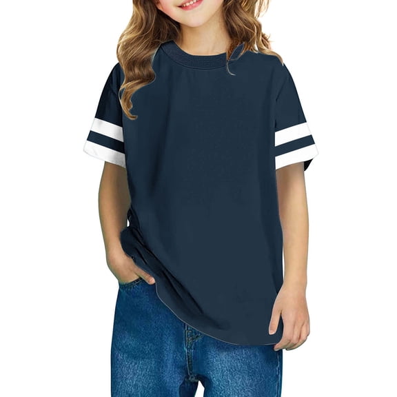 Crunowin Boys and Girls Round Neck T-Shirt Short Sleeve Striped Design Cotton Blend Youth Comfortable Shirt Navy Size 3T