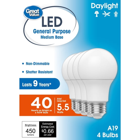 Great Value A19 LED Light Bulbs, 40 Watts Eqv, Daylight, General Purpose, 9 Year, Medium Base, 4 Pack