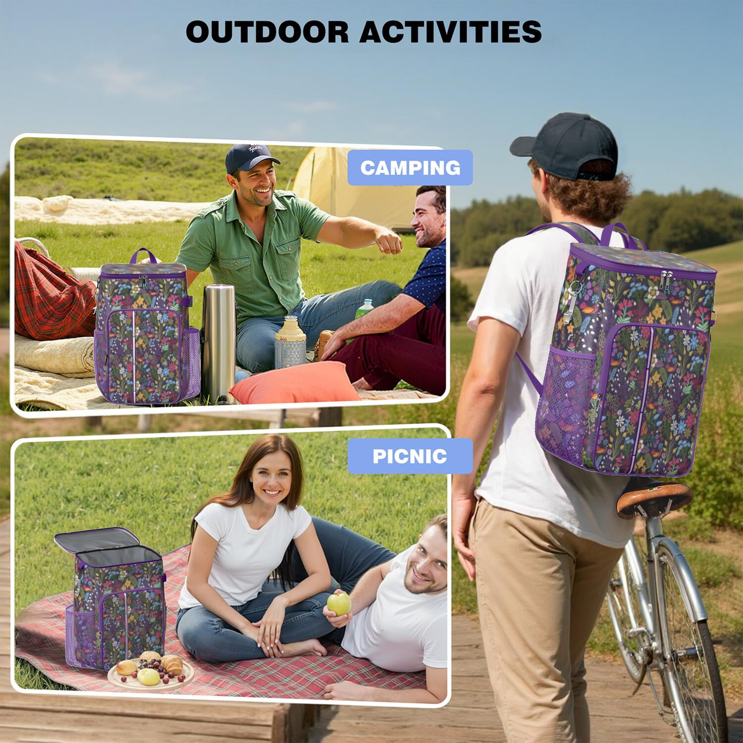 Travel Cooler Bag - Pioneer Flower Floral Print Pattern Camping Beer Cooler Backpack with Bottle Opener- Waterproof Insulated Picnic Backpacks - Cooler Bag for Beach