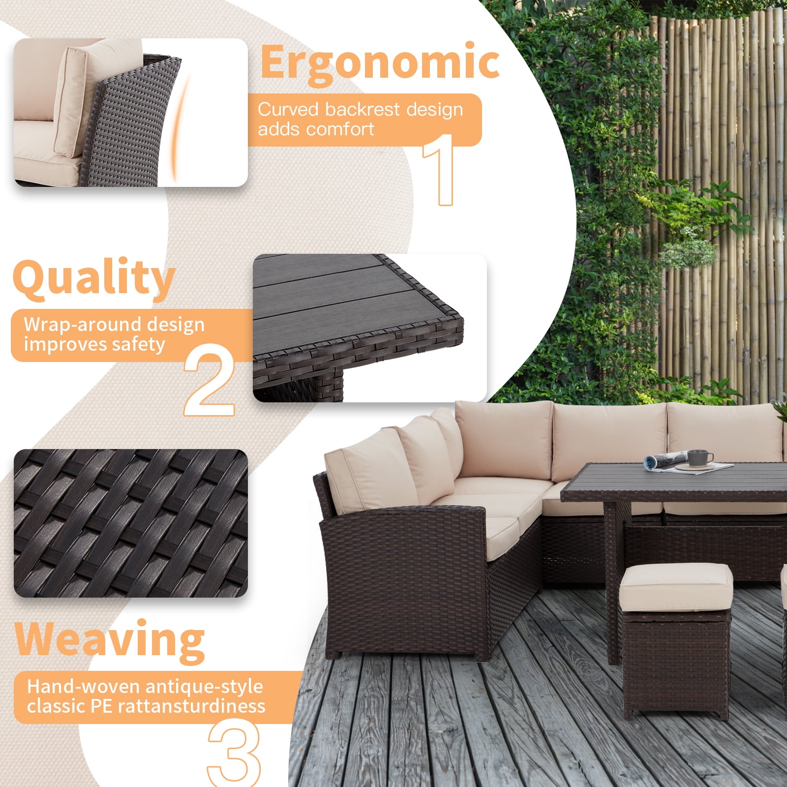 AECOJOY 7 Piece Patio Conversation Set, Outdoor Sectional Sofa Rattan Wicker Dining Furniture in Beige