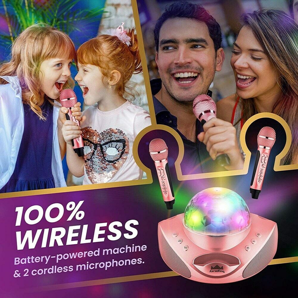 KaraoKing New 2020 Karaoke Machine with 2 Wireless Microphone, SD Card, USB, Bluetooth Compatible, Lights Function for Adults and Kids, G308 Pink