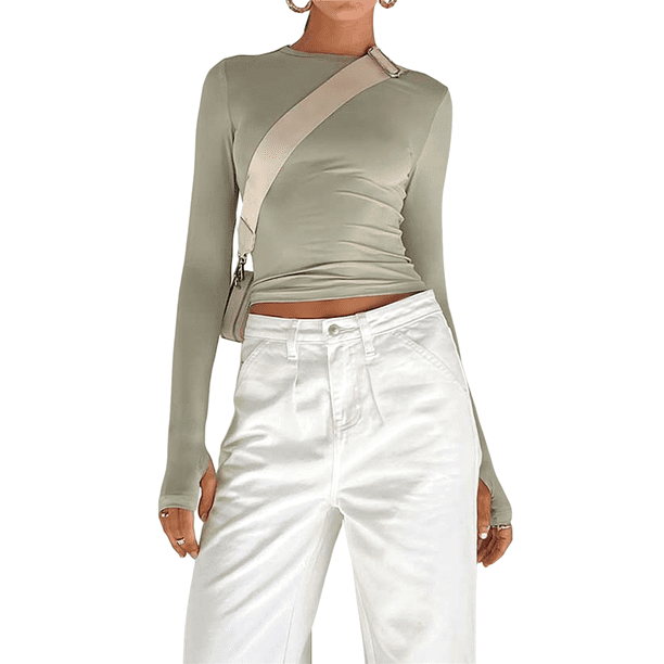 Camiseta Corta Ajustada para Mujer para Salir, Informal, de Color Liso, con Cuello Redondo y Larga Verde S