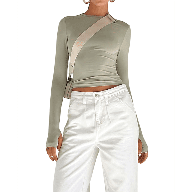 Camiseta Corta Ajustada para Mujer para Salir, Informal, de Color Liso, con Cuello Redondo y Larga Verde M