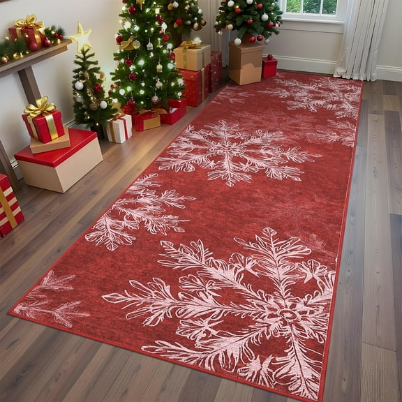 Washable Runner Rug Christmas Area Rugs for Hallway Xmas Snowflakes Holiday Kitchen Mat Non Slip Soft Non-Shedding Long Rugs Low Pile Thin Decorative Festive Carpet for Bedside Entryway