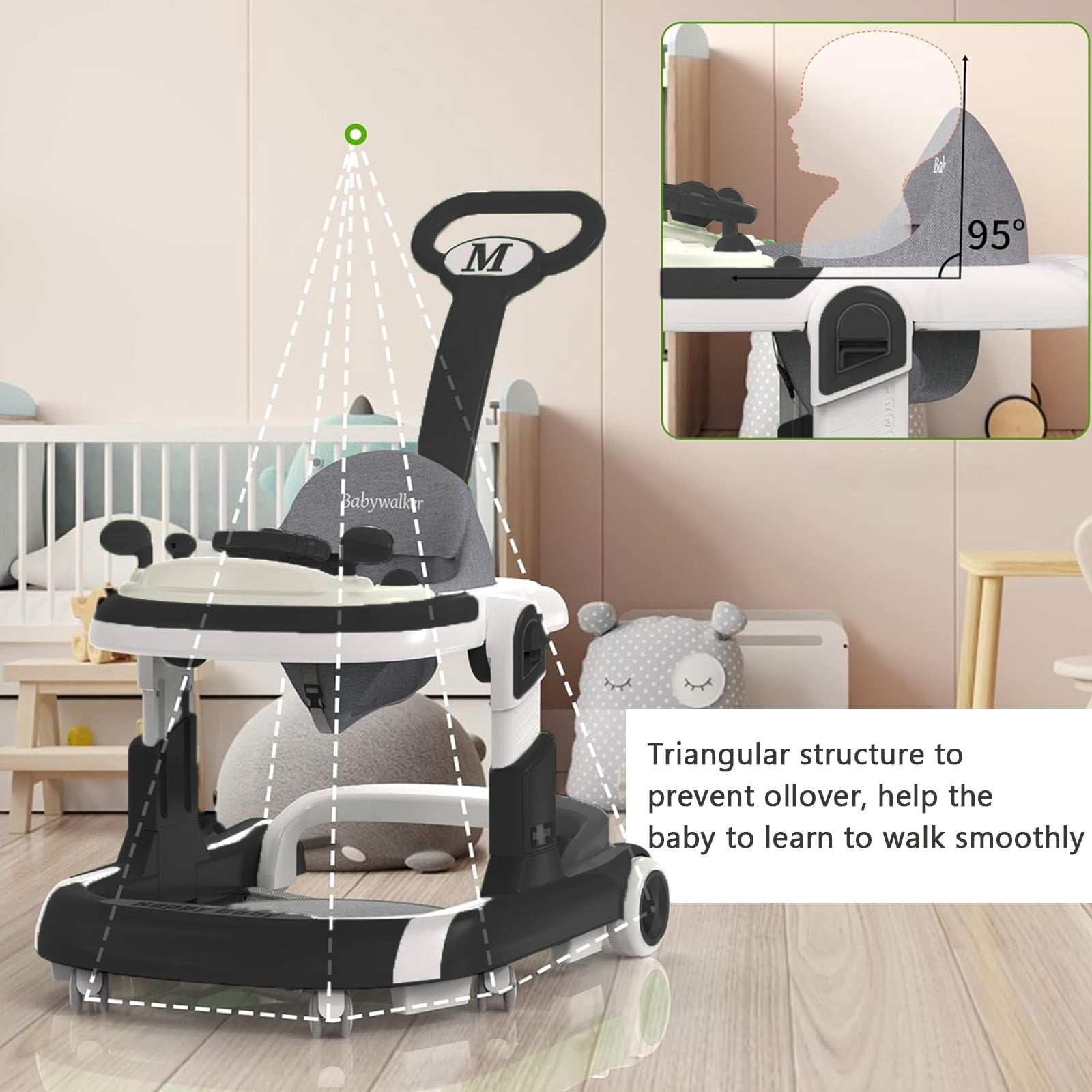 HAOUUCYIN 5-in-1 Baby Walker with Foot Pads/Handles for Girls Boys, Black