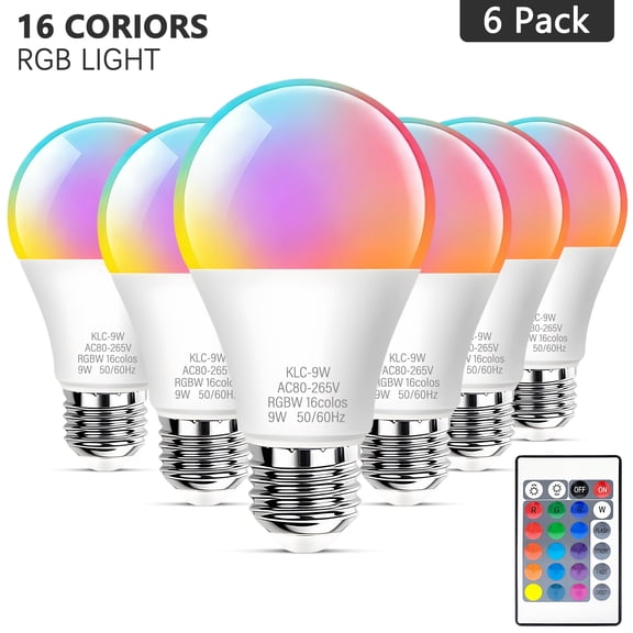 Kasotile 6 Pack 9W RGBW LED Bulbs Light E26 800LM 16 Color Change Lighting Decor Light Lamp with IR Remote Control