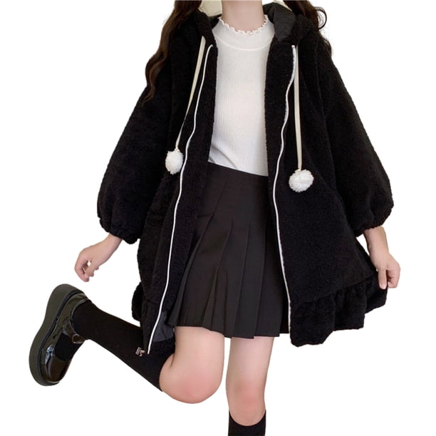 Minnieouse Sudadera con capucha con orejas de conejo, chaqueta con capucha de anime cálida y cómoda, aplicación amplia y agradable para la piel Prendas para la parte del cuerpo negro XL