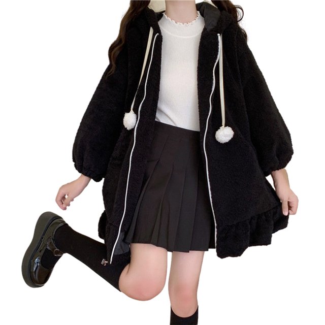 Becaristey Soft And Breathable Rabbit Ear Hoodie Made With Lamb Wool Fashionable And Cute Skin Friendly black L