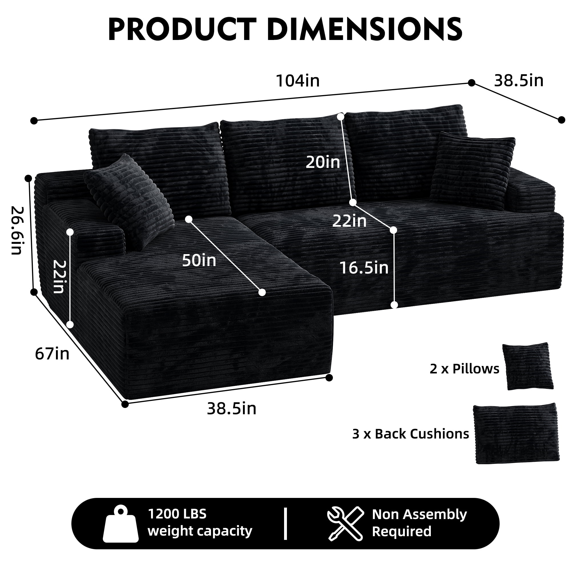 104" Modular L-Shaped Sectional Sofa with Chaise - No Assembly Required Boneless Corduroy Couch, High Resilience Foam, Deep Black