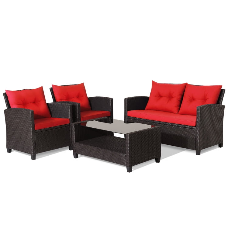 Aimee Lii 4 Pieces Wicker Patio Furniture Set with Tempered Glass Coffee Table, Wicker Outdoor Sectional, Red Aimee Lii 4 Pieces Wicker Patio Furniture Set with Tempered Glass Coffee Table, Wicker Outdoor Sectional, Red