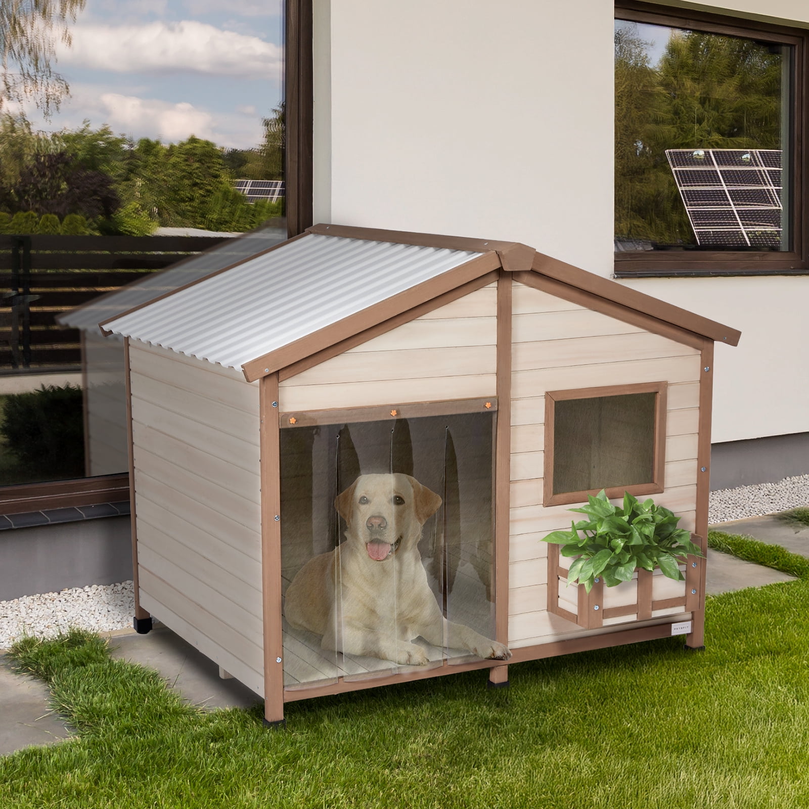 Petsfit 47" Dog House Outdoor with Waterproof PVC Roof, Extra Large Dog House for 2 Medium Dogs, Dog House Outdoor Large Breed, XXL Dog Houses with Window, Beige