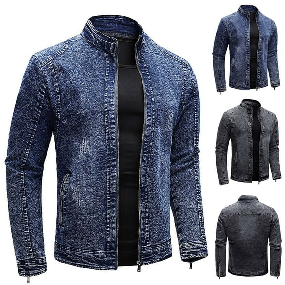 Miluxas Men's Distressed Jean Jacket Stylish Trucker Outerwear Zip Up Casual Long Sleeve Denim Jackets with Pockets Blue