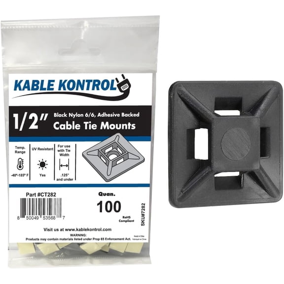 BDKWID-Kable Kontrol Zip Tie Mounts, 1/2” Sq, Black, 100 Pcs, Adhesive Backed Multi-Purpose UV-Resistant Mounting Squares Nylon Cable Tie Wrap Anchor Pads for Cable Management
