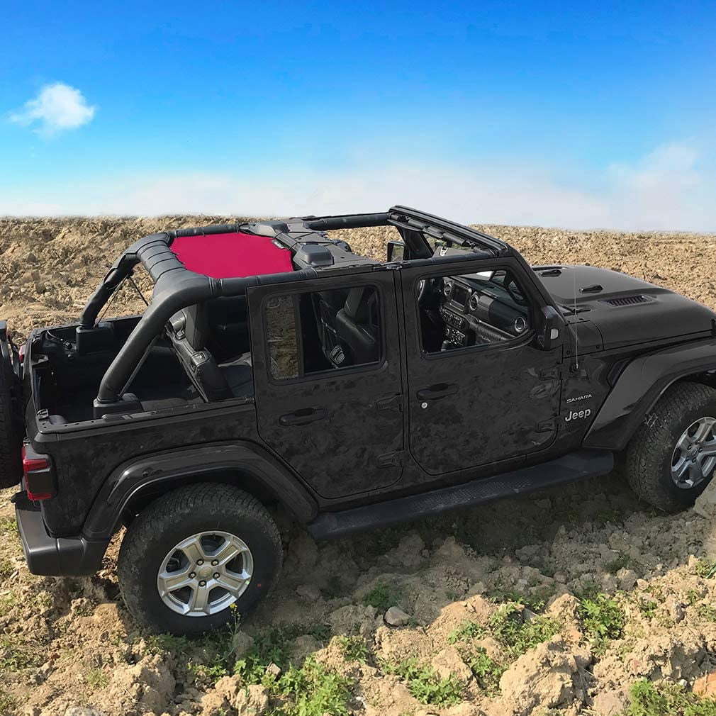 Shadeidea Jeep Wrangler Sunshade JL 4 Door Top Sunshade, JLU ( 2018 - Current) Rear - Cherry Red Mesh Screen Cover, UV Blocker with GrabBag Pouch - 10 Years Warranty