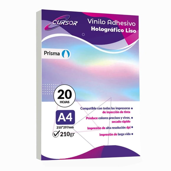 Vinil Adhesivo Holográfico A4 20 Hojas Imprimible Inkjet CURSOR blanco A4