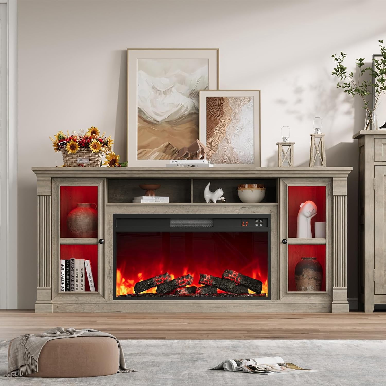 Vecenuy Farmhouse Fireplace TV Stand for 80" TVs, 70" Highboy Entertainment Center w/ 36" Electric Fireplace & LED Lights, Media Console w/ Adjustable Shelves for Living Room Gray