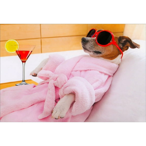 Pictura Relaxing Pup in Pink Bathrobe Funny Dog Birthday Card