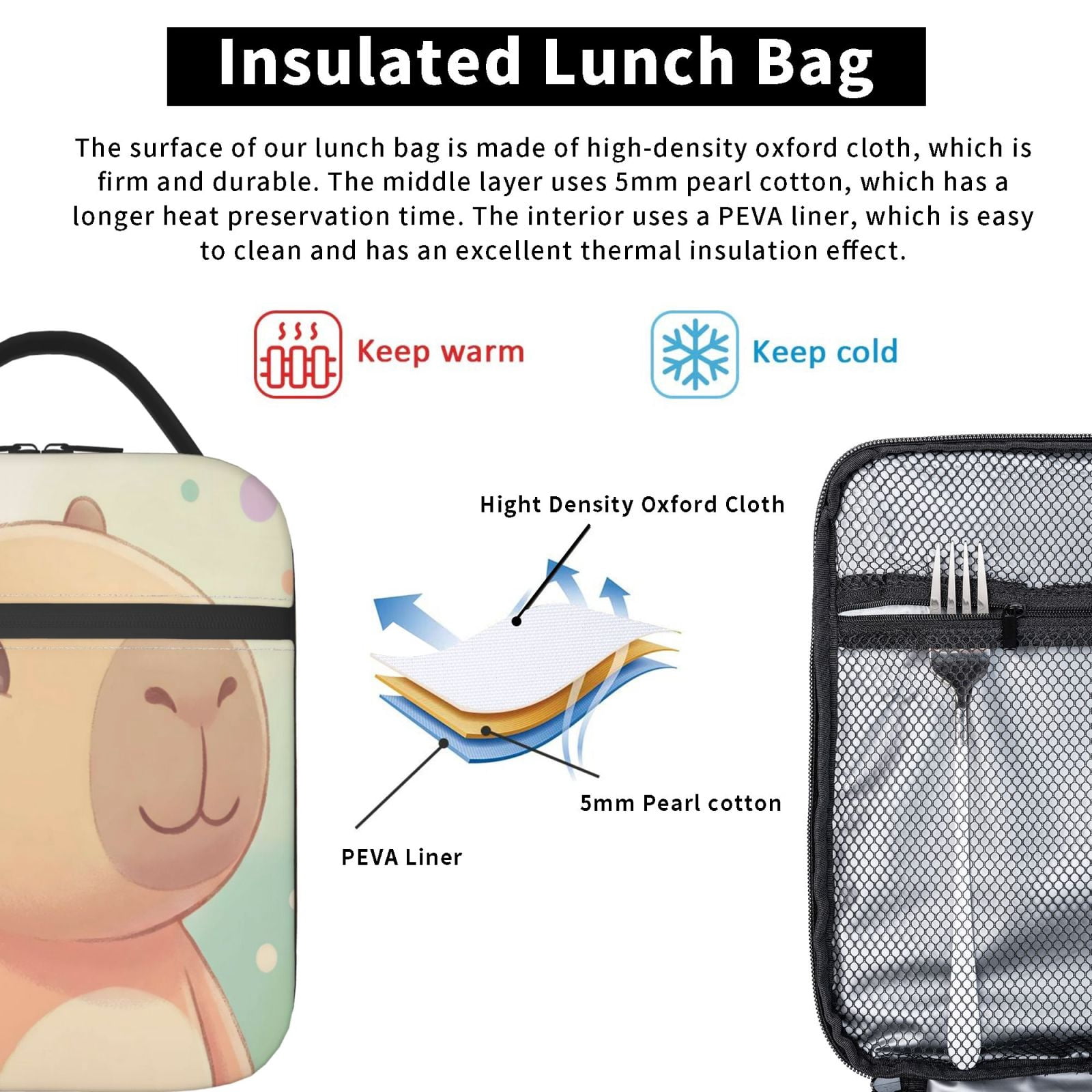 Lunch Bag For Women Men Insulated Portable Lunch Box Bento Box Office Picnic Travel Cooler Bag Cute Capybara Design 1