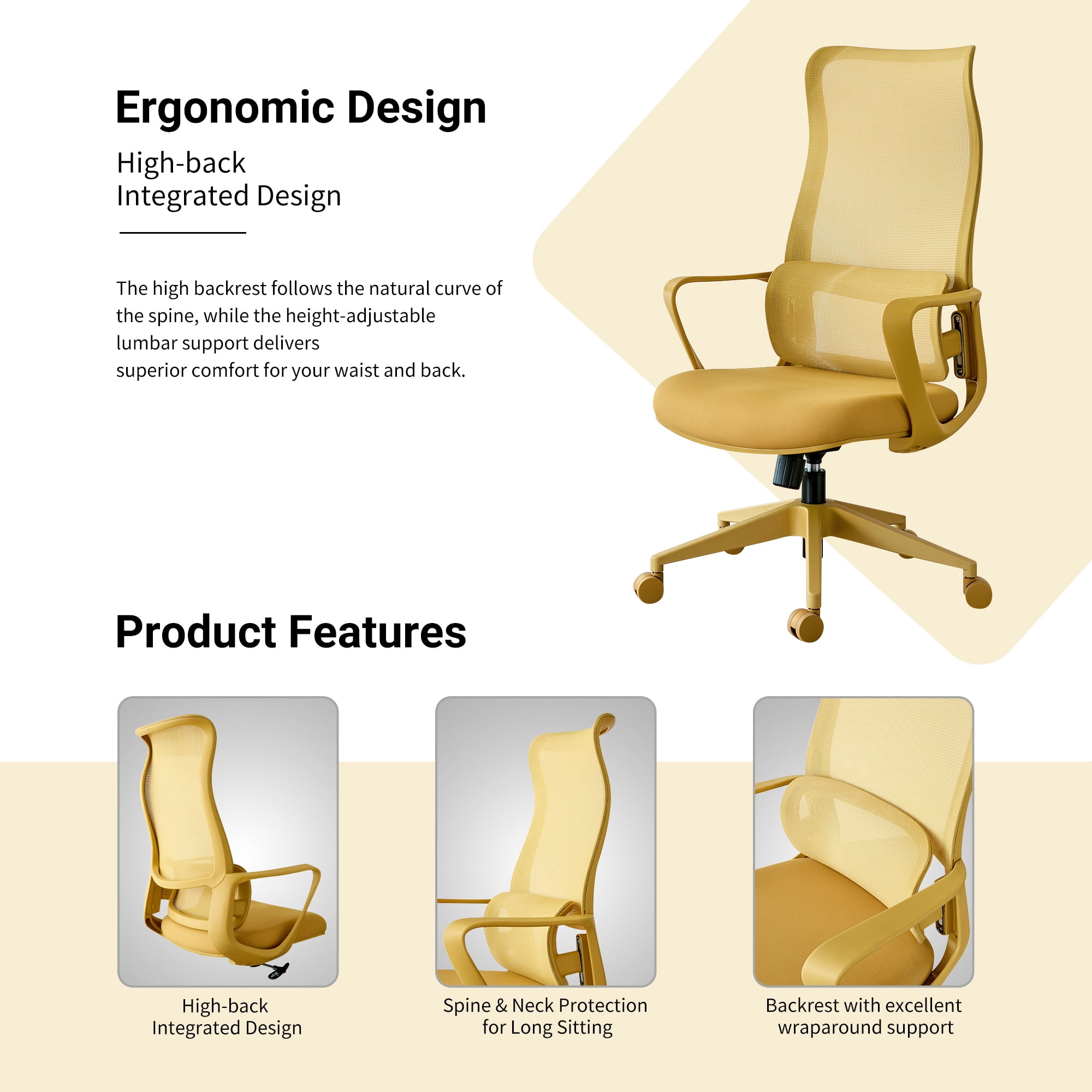 HOQBN Ergonomic Office Chair with 7-Level Adjustable Lumbar Support, Breathable Mesh High Back, Integrated Molded Foam Seat, 350lb Capacity, Yellow