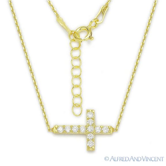 Sideways Cross CZ Crystal Necklace in .925 Sterling Silver