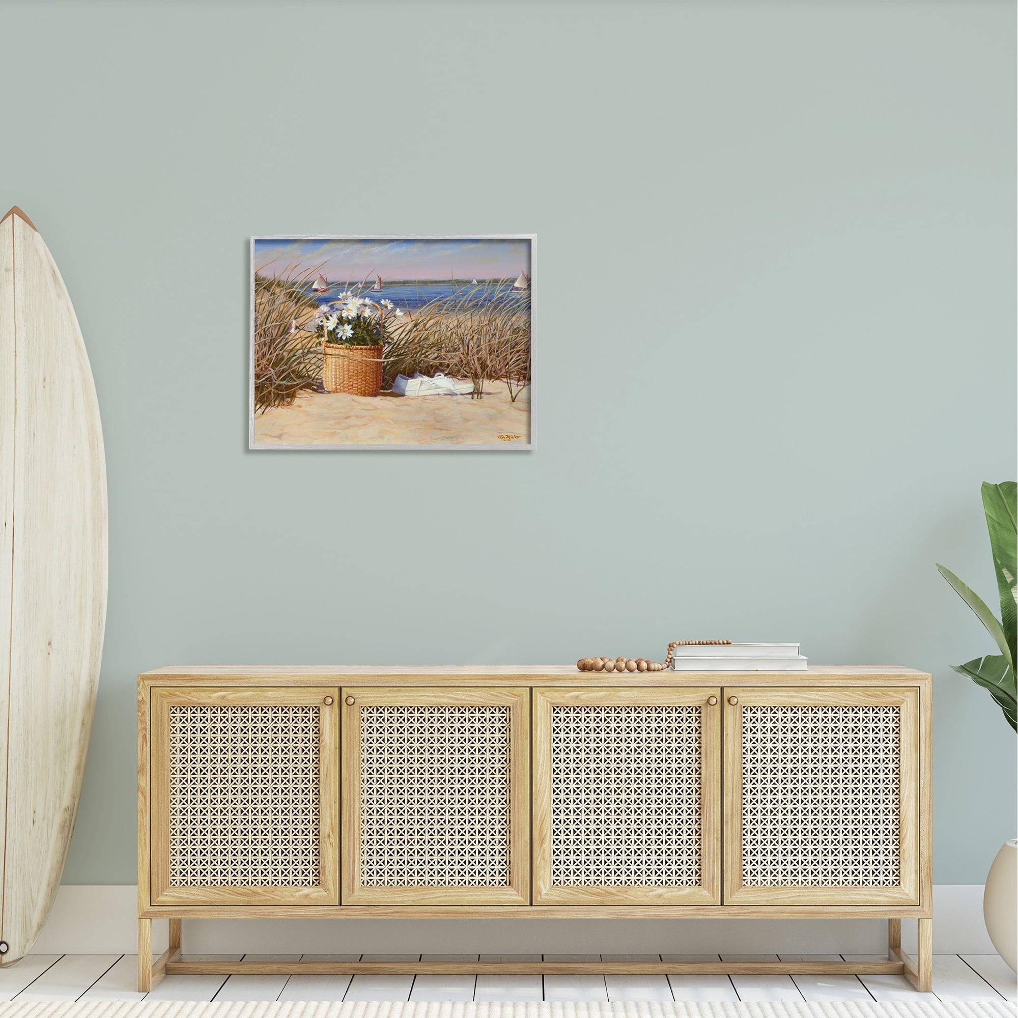 Stupell Industries Coastal Flower Blossom Basket Windblown Beach Grass Painting Gray Framed Art Print Wall Art, Design by Tom Mielko