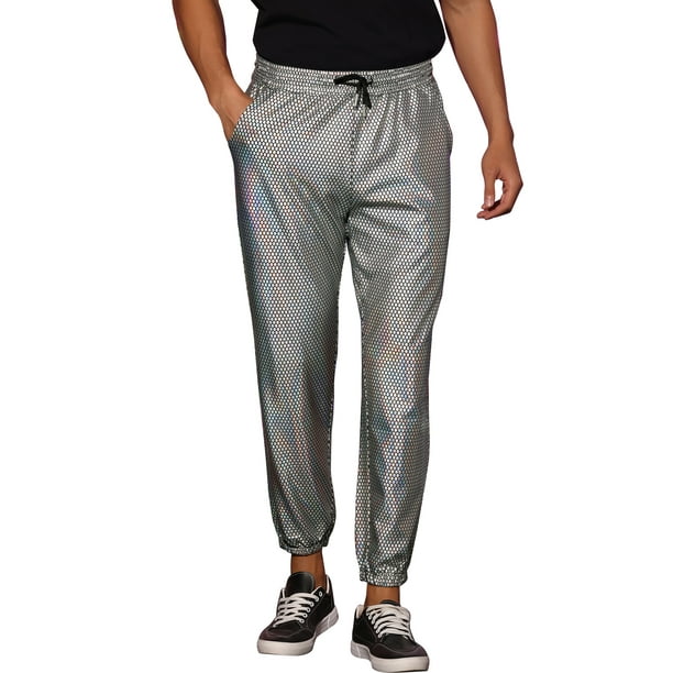 Pantalones jogger metálicos INSPIRE CHIC para hombres con cintura ajustable, ideales para fiestas y clubes, pantalones disco brillantes en plata 34