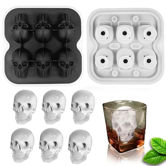 Ice Mold Happydeer Skull Ice Cube Mold 6-Cavity Silicone Ice Tray for Whiskey Cocktails (Black)