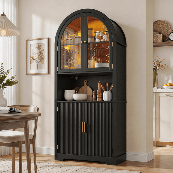 Conate 70" Tall Arched Kitchen Pantry Cabinet with LED Light, Fluted Storage Cabinets with Stemware Rack, Glass Doors for Dining Room & Living Room
