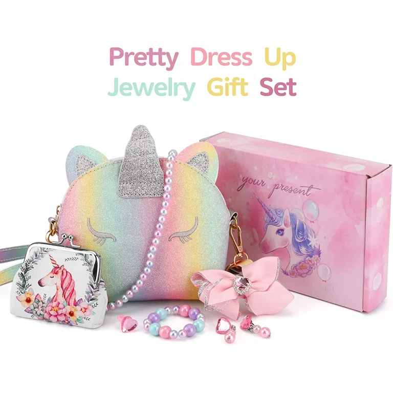Buy Little Girls Handbag with Kids Jewelry Set Cute Shoulder Bag Girls  Small Purse for Kids Toddlers Gift Present Birthday Christmas Party Pretend  Play with Necklace Bracelet Hair Hand Clips Set Online