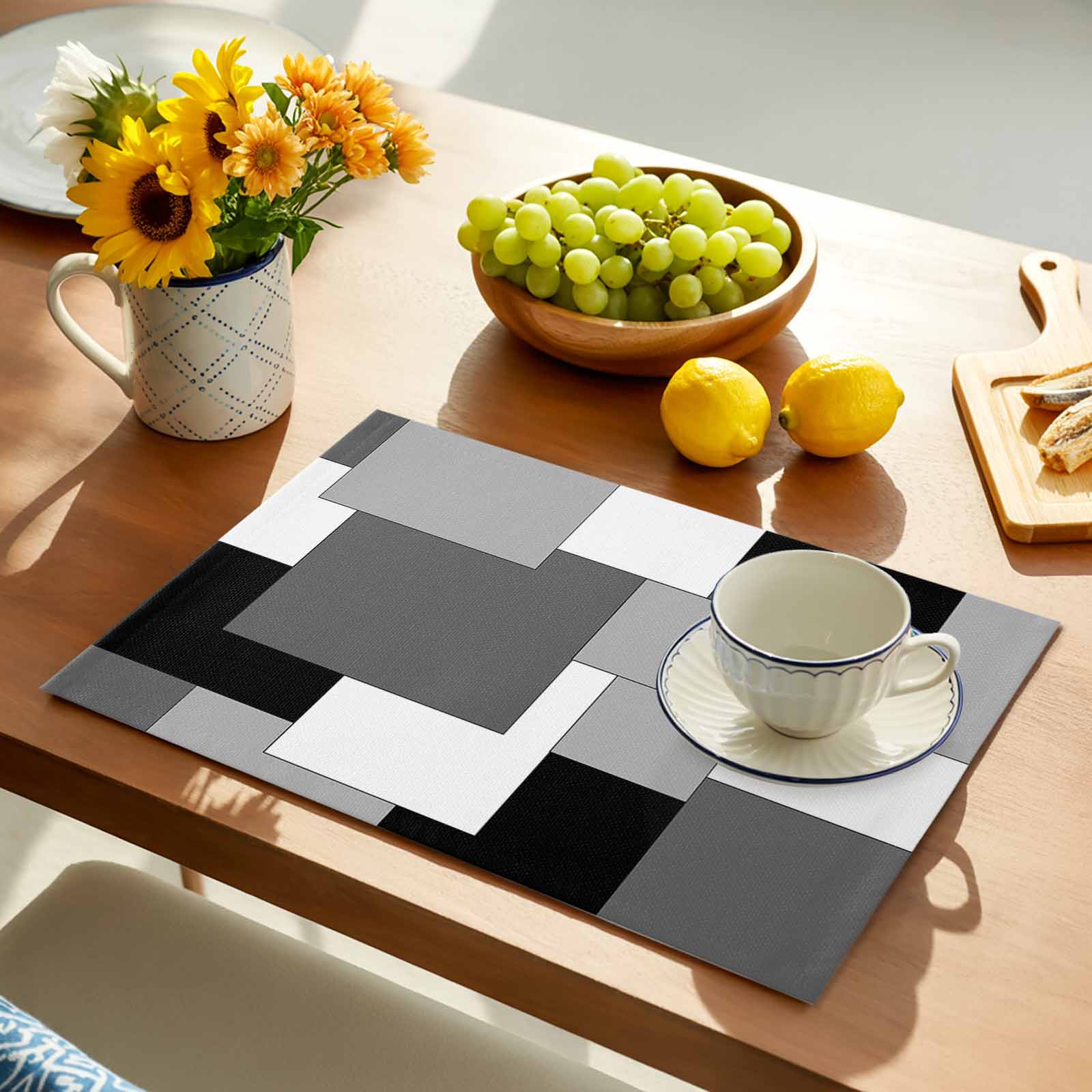 Black Grey Placemats Set of 4, Middle Century Irregular Geo Abstract Art Placemats for Dining Table, Place Mats for Kitchen Tabletop, Waterproof Wipeable Dining Table Mats Set