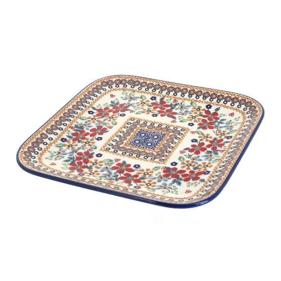 Blue Rose Polish Pottery Red Daisy Square Lunch Plate
