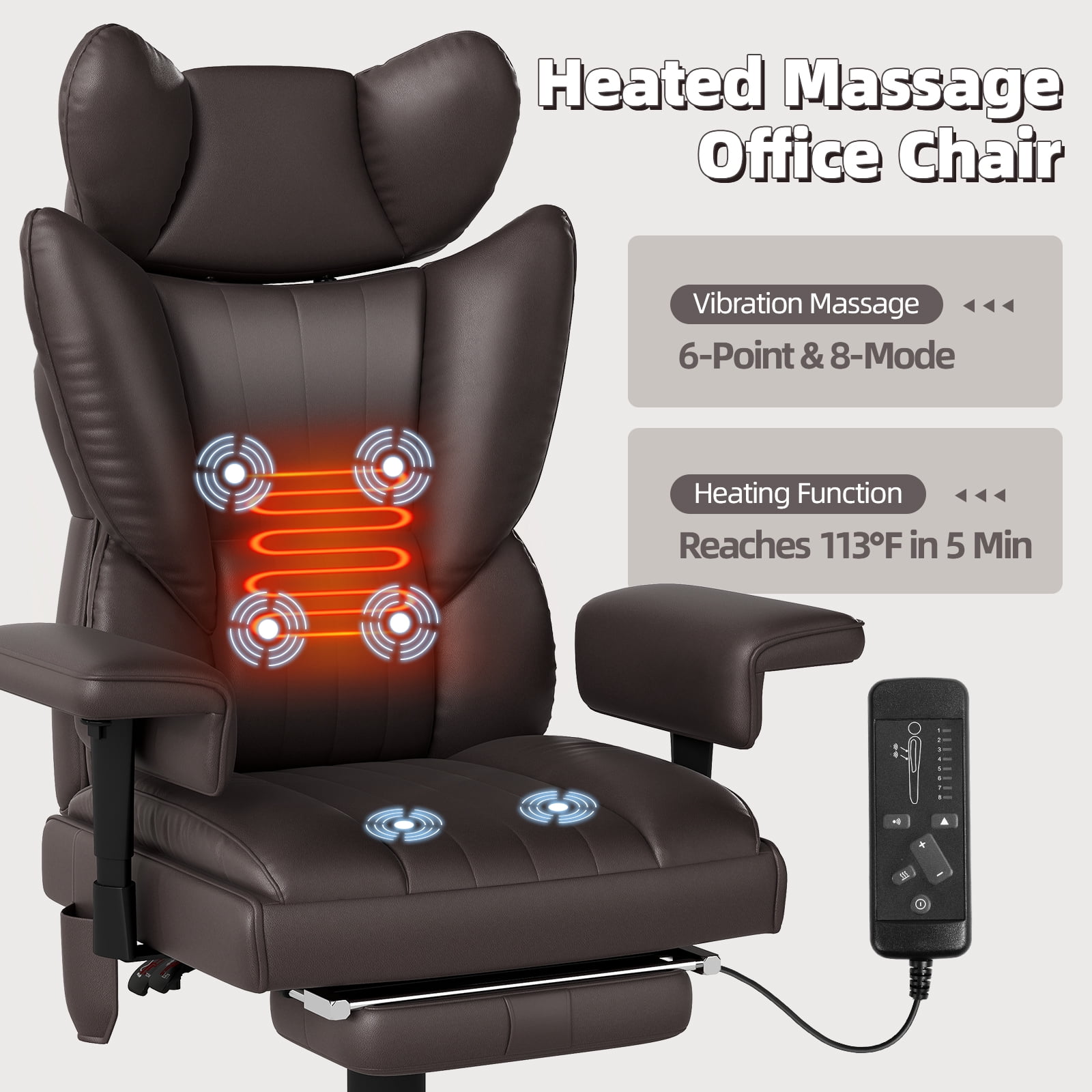 Massage Heated Office Chair with Foot Rest - 6 Points Vibration 400LBS Executive Office Chair with Adjustable Headrest, Armrest and Lumbar Pillow, Comfy Leather Desk Chair for Home Office, Brown