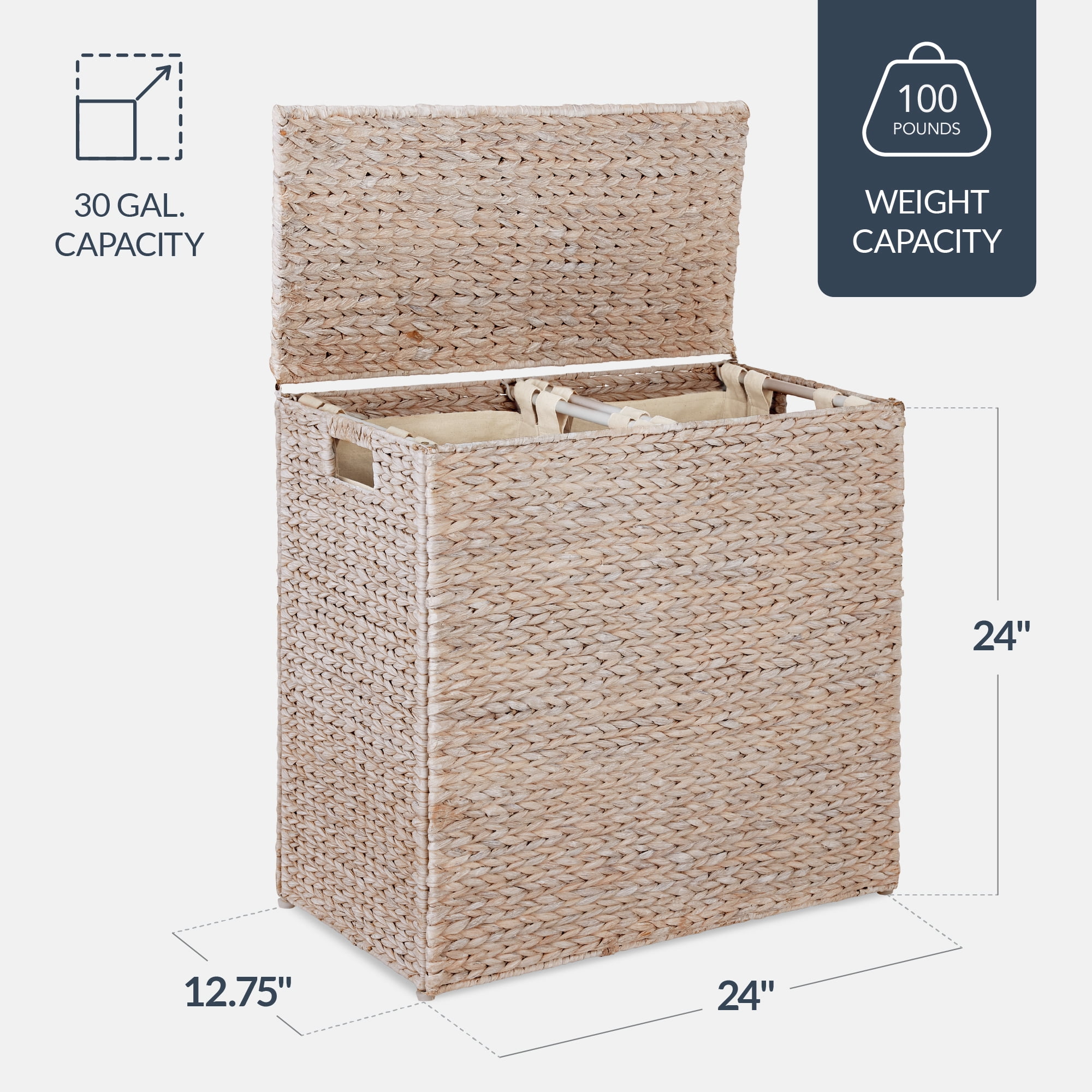 Best Choice Products Large Natural Water Hyacinth Double Laundry Hamper Basket w/ 2 Liner Bags, Handles - Whitewash