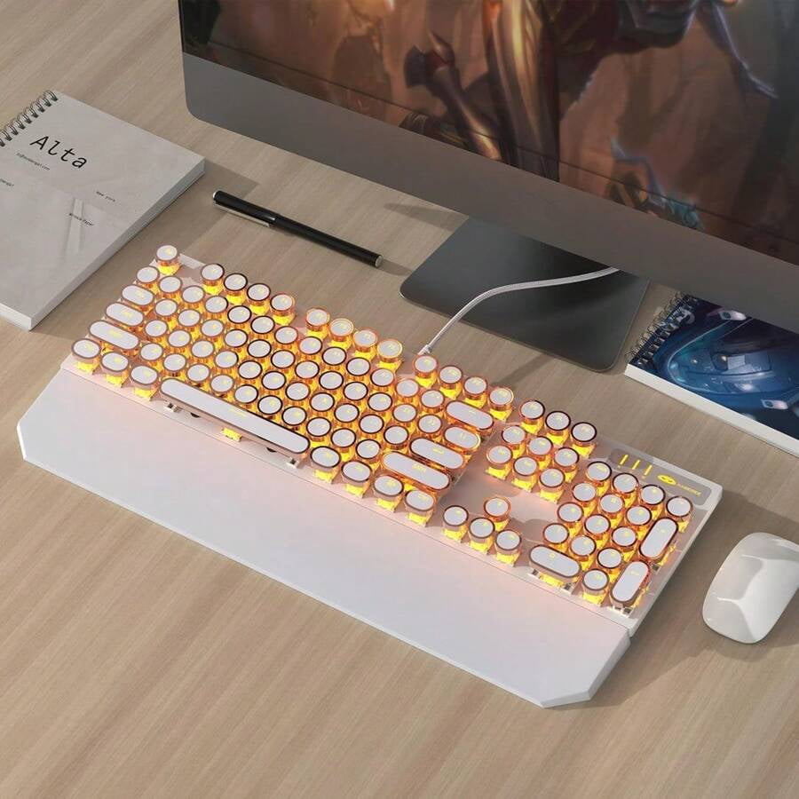 XX Typewriter Mechanical Gaming Keyboard, Retro Black Punk Round Keycaps RGB Rainbow Backlit Wired Keyboards For Laptop PC Gamer, With Magnetic Wrist Rest - Blue Switch