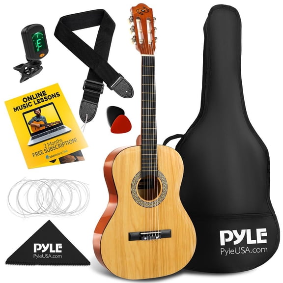 Pyle Left-Handed 3/4 Size Beginner Acoustic Guitar Kit – 36" Junior All Wood Guitar for Kids & Adults, Natural Gloss Finish