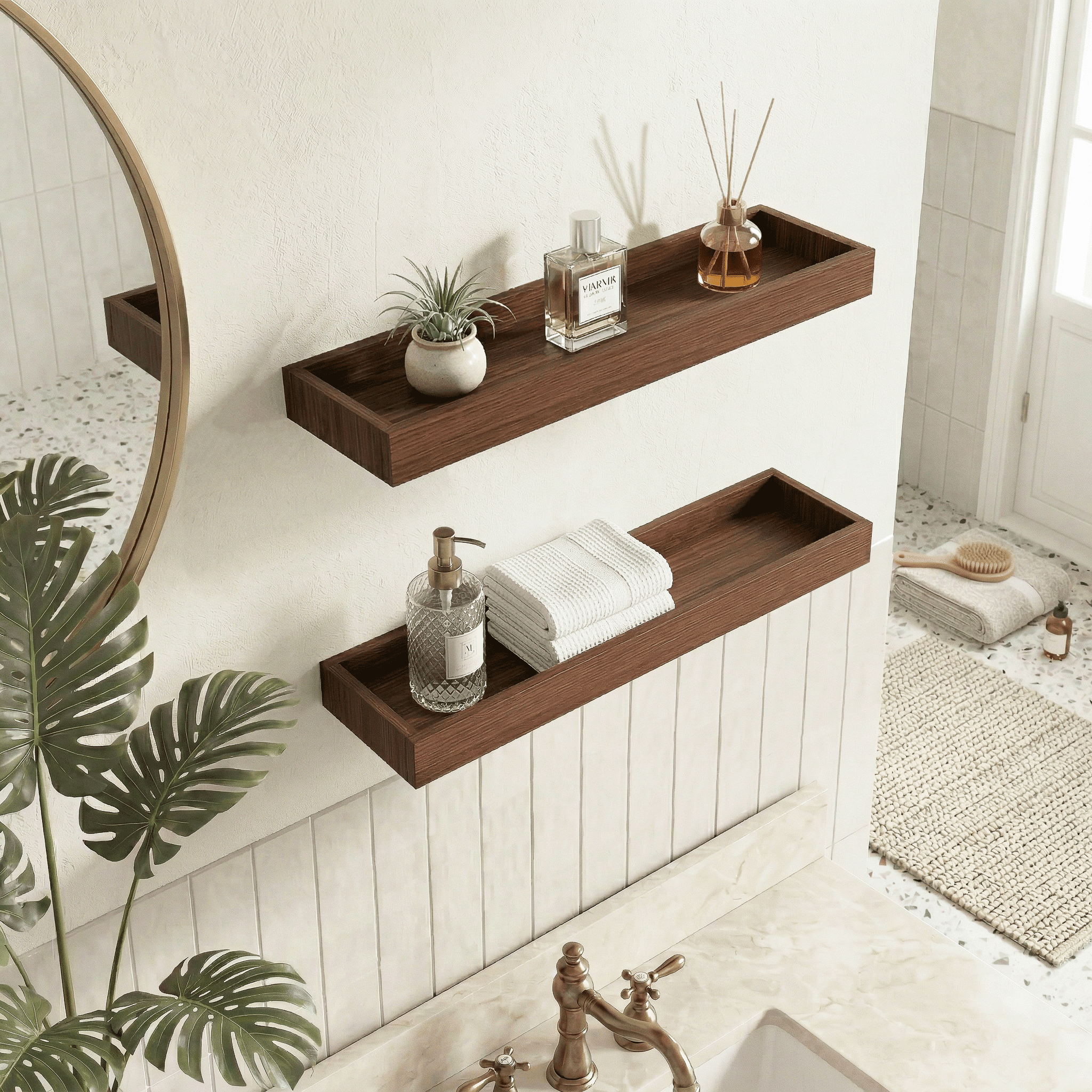 Mifurn 15.7" Floating Shelves for Wall, with Raised Lip, Set of 2, Walnut