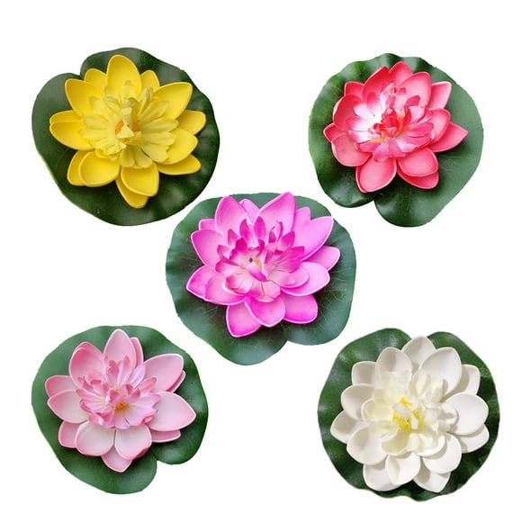 CIMAXIC artificial plant 5PCS 10CM Simulation Floating Water Lily EVA Lotus Flower Pond Fish Tank Decor Ornaments (White + Red + Yellow + Pink + Light Pink),3.94"X3.94"X3.15"