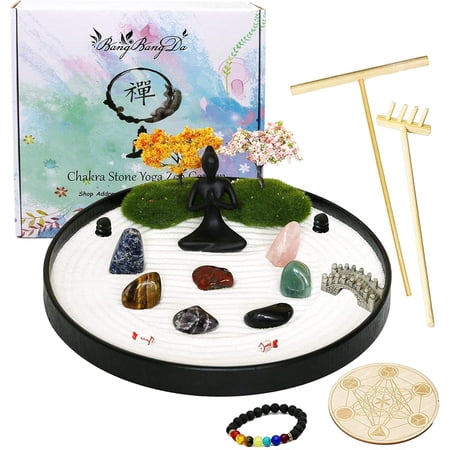 Zen Garden for Desk Tabletop Chakra Zen Healing Gifts Sand Tray Therapy Kit Set Japanese Decoration Crystal Quartz Rock Mini Garden Home Office Stress Relief Spiritual Decor Healing Gifts for Yoga