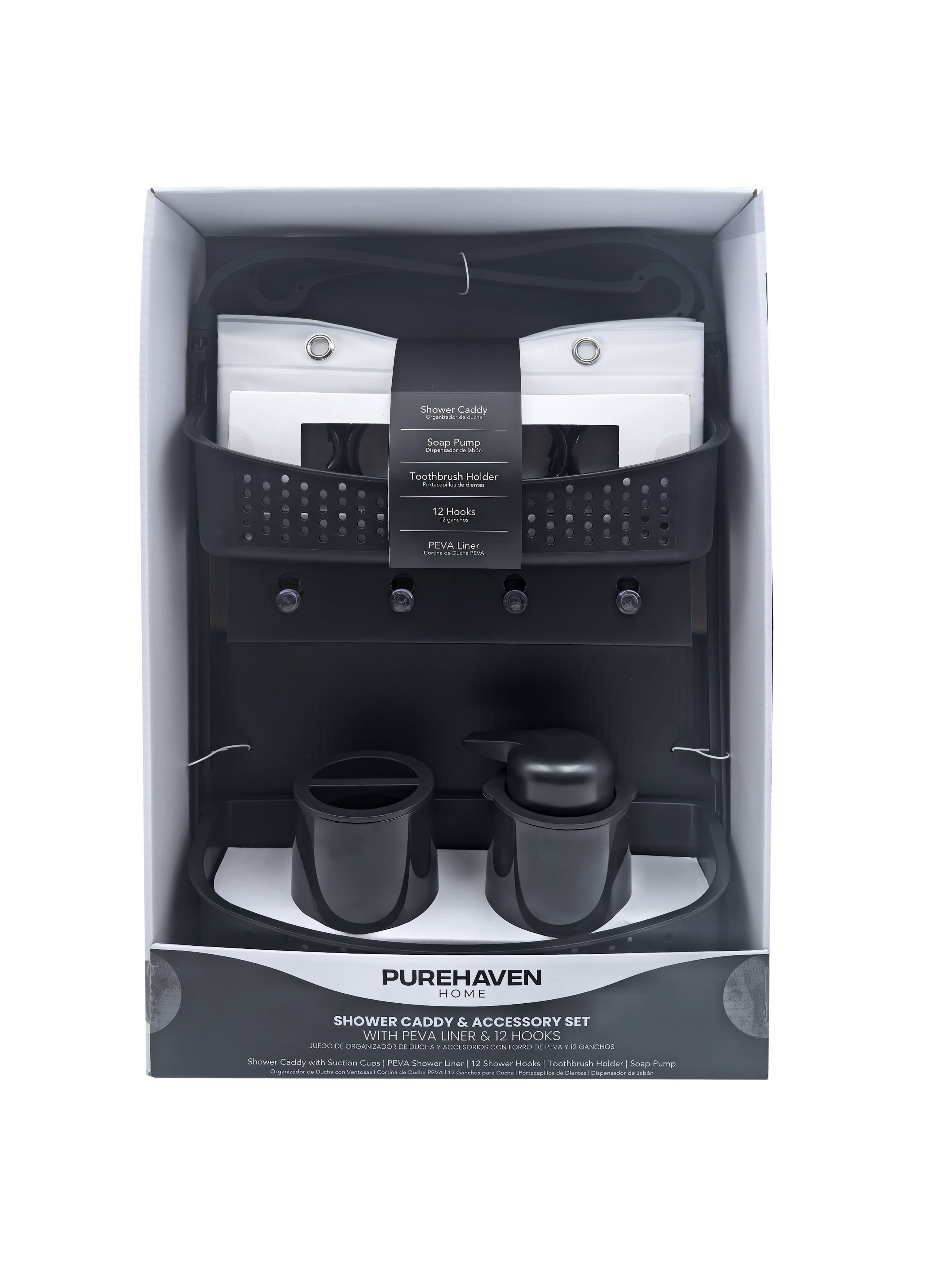 Purehaven Home Shower Caddy and Bath Accessory Set for College Dorms and Apartments, Black