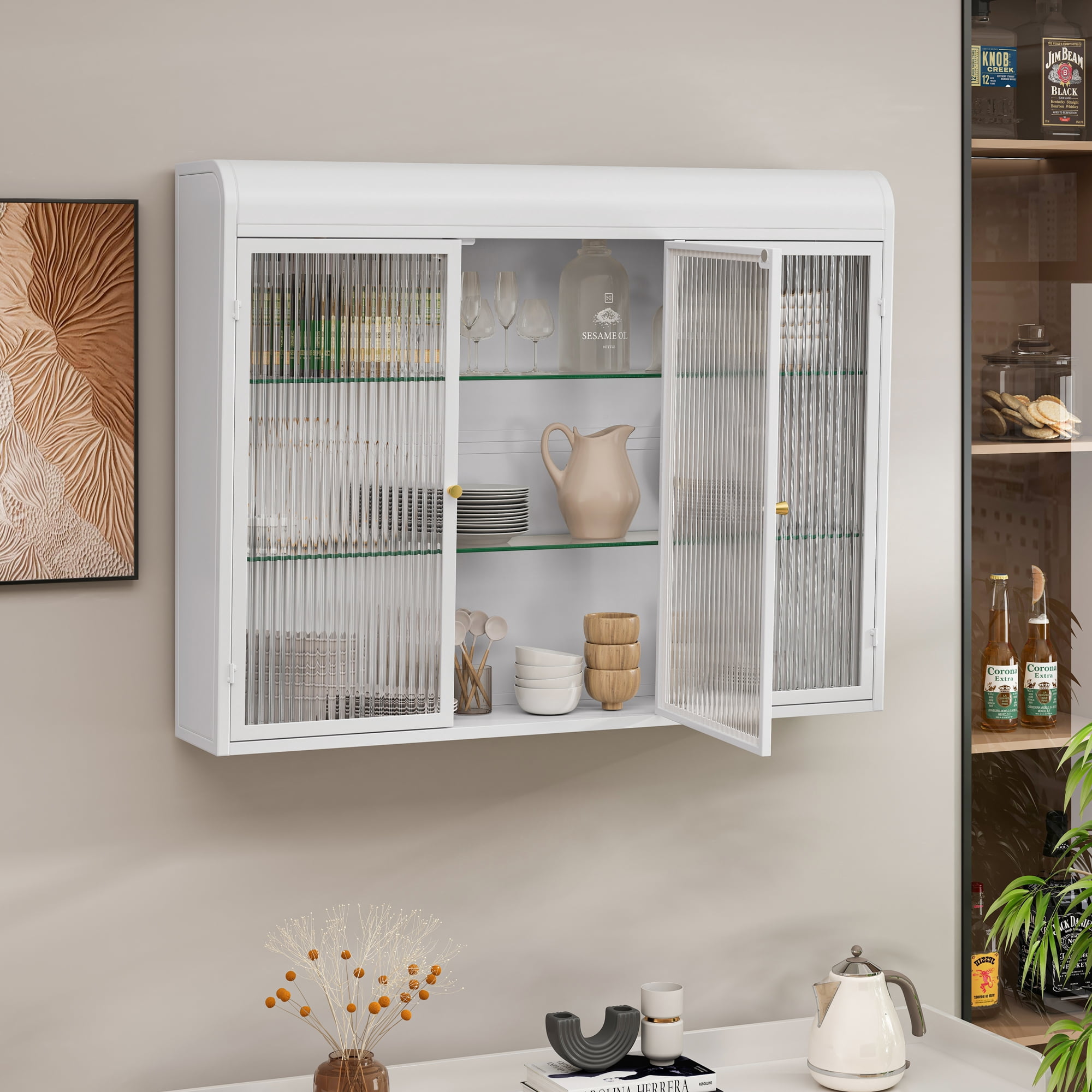 Wall Cabinet with Glass Door, 3 Door Wall Mounted Glass Cabinet with Three Tiers of Storage, for Kitchen, Living Room and Bathroom (White)