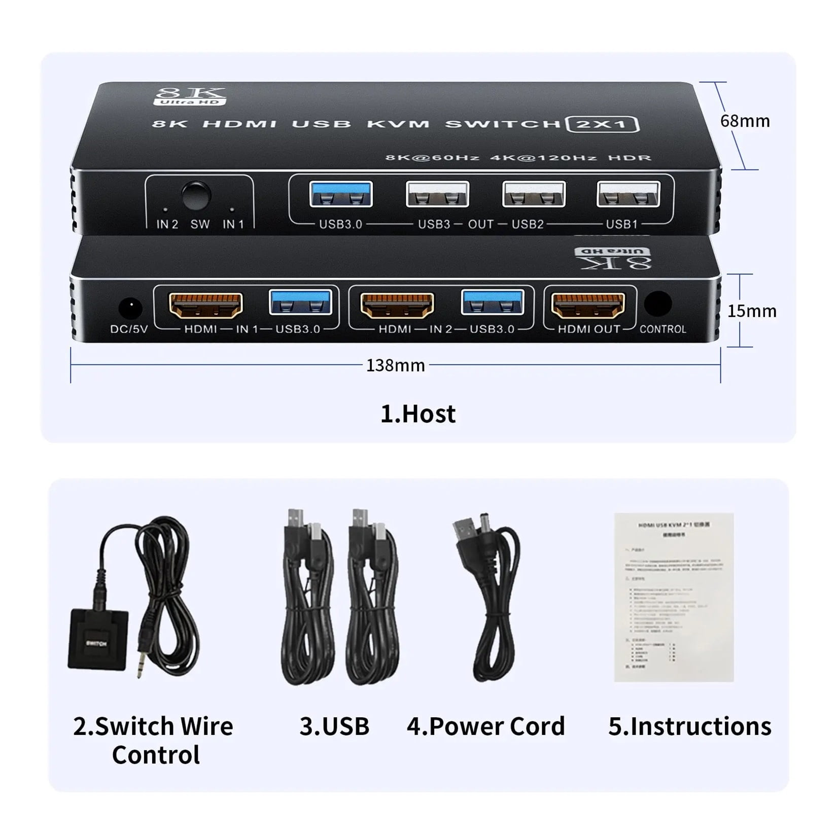 4K KVM Switch 4 In 1 Out, 2.1 KVM Switch 8K 60Hz For 2 Computers Share 1 Monitor For Series X S PS5/4 Pro