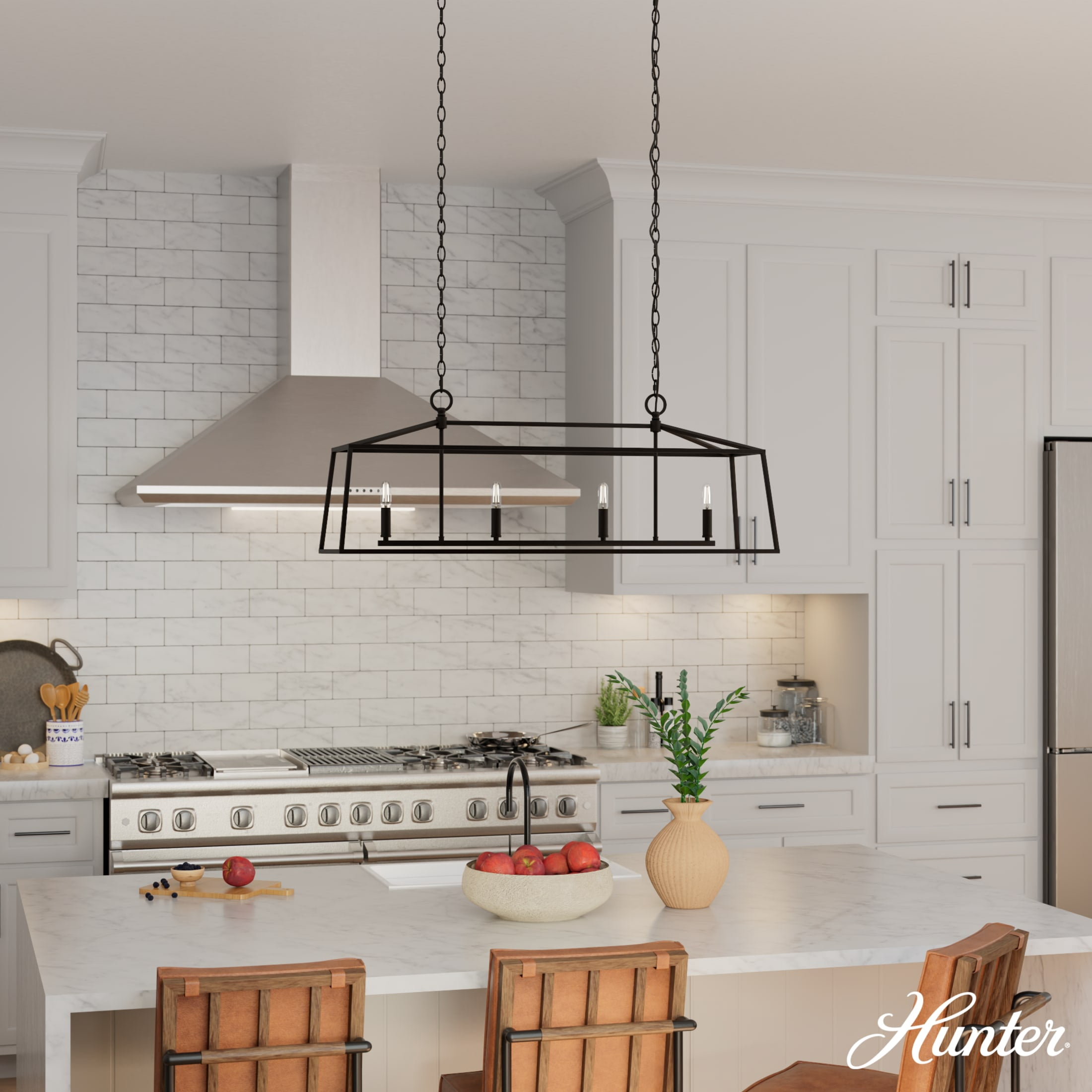 Hunter - Fair Oaks 4-light Matte Black, Extra Large Chandelier, Dimmable, Formal Style, Linear Shaped, for Bedrooms, Dining, Living Rooms - 13099
