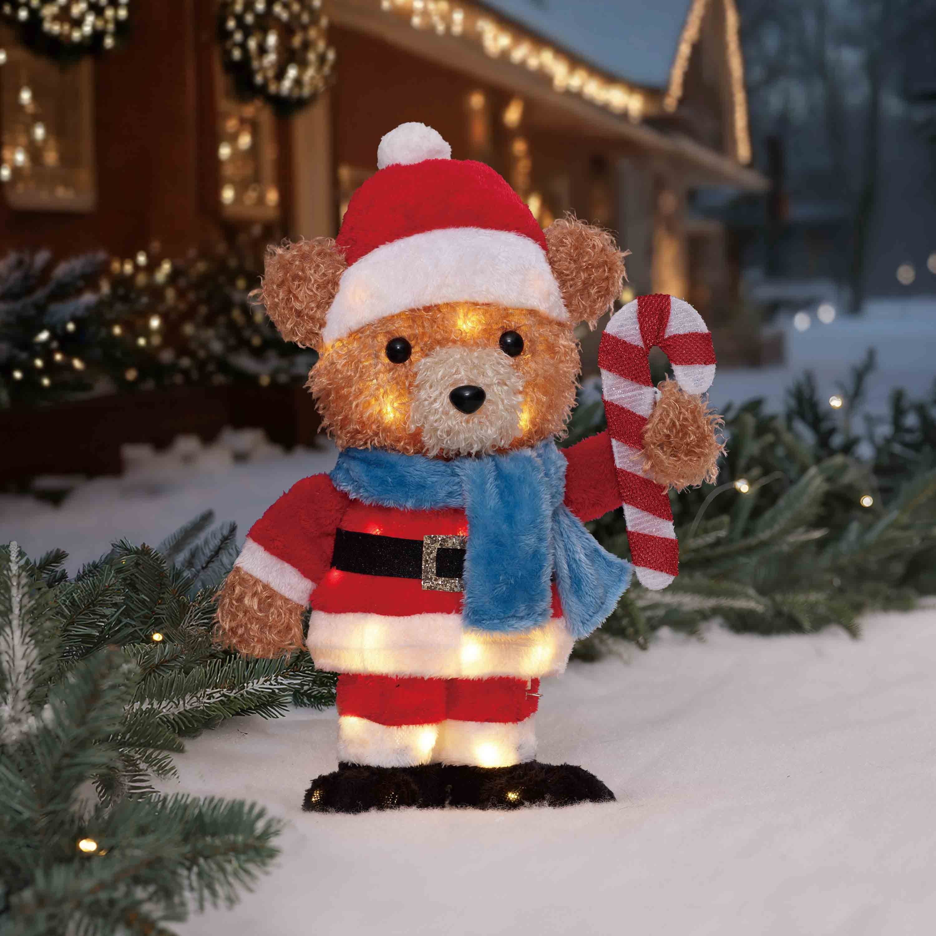 Indoor/Outdoor Light-Up Plush Bear with Candy Cane Christmas Decoration with 30 LED Lights, Warm White, 18", by Holiday Time