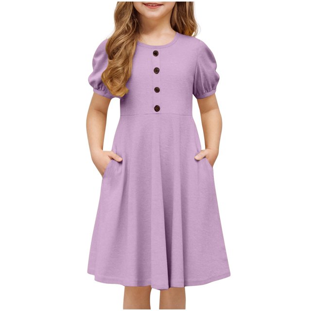 DecSea Girls A-line Ruffled Dress with Bubble Sleeve, Crew Neck & Decorative Button Outfit