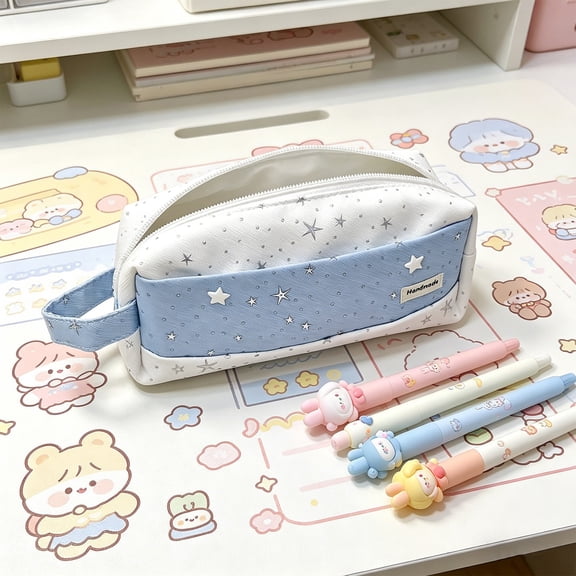 Dyegold Blue White Star Handheld Pencil Case Minimalist Large Capacity Pen Pouch Stationery Bag for Office Daily